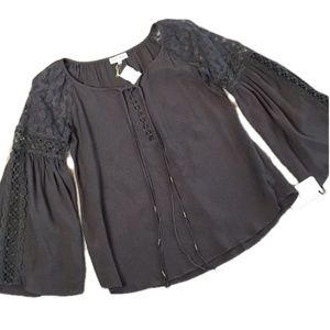 HALE BOB Boho Top Olive Lace Bell Sleeves NWT